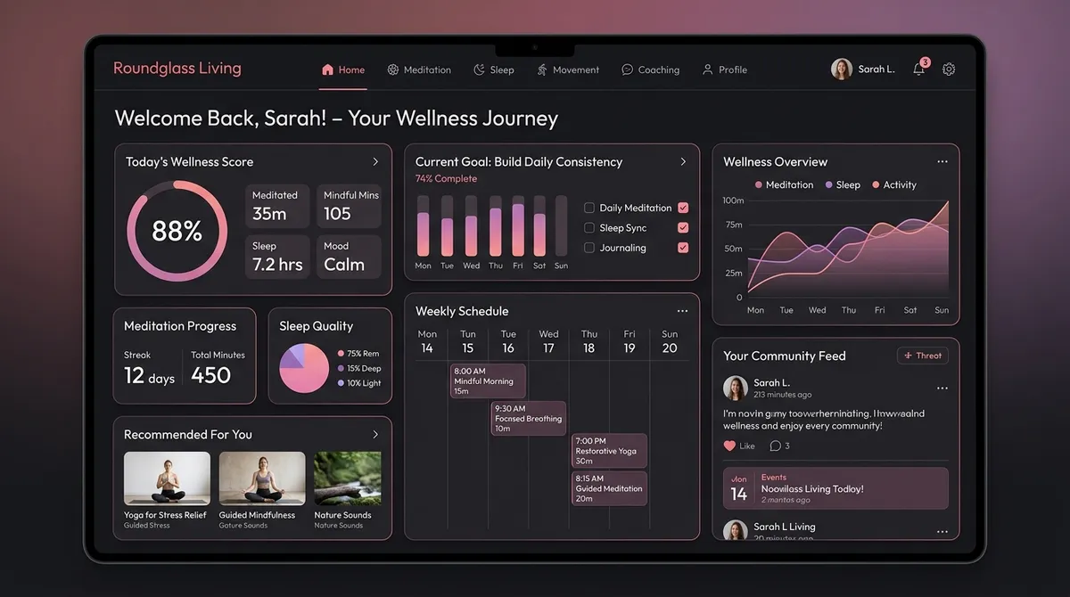 Roundglass Living wellness platform built by GoGroww, showing the habit and meditation dashboard on desktop